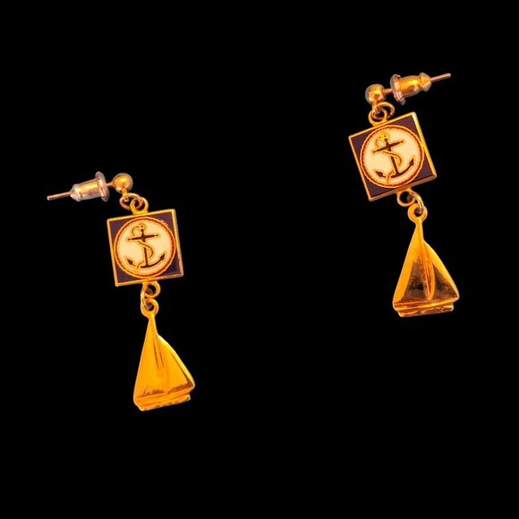 Vintage Nautical Drop Earrings Anchor Sailboat Enamel Gold Tone 1.5" Drop in Box - Picture 7 of 12